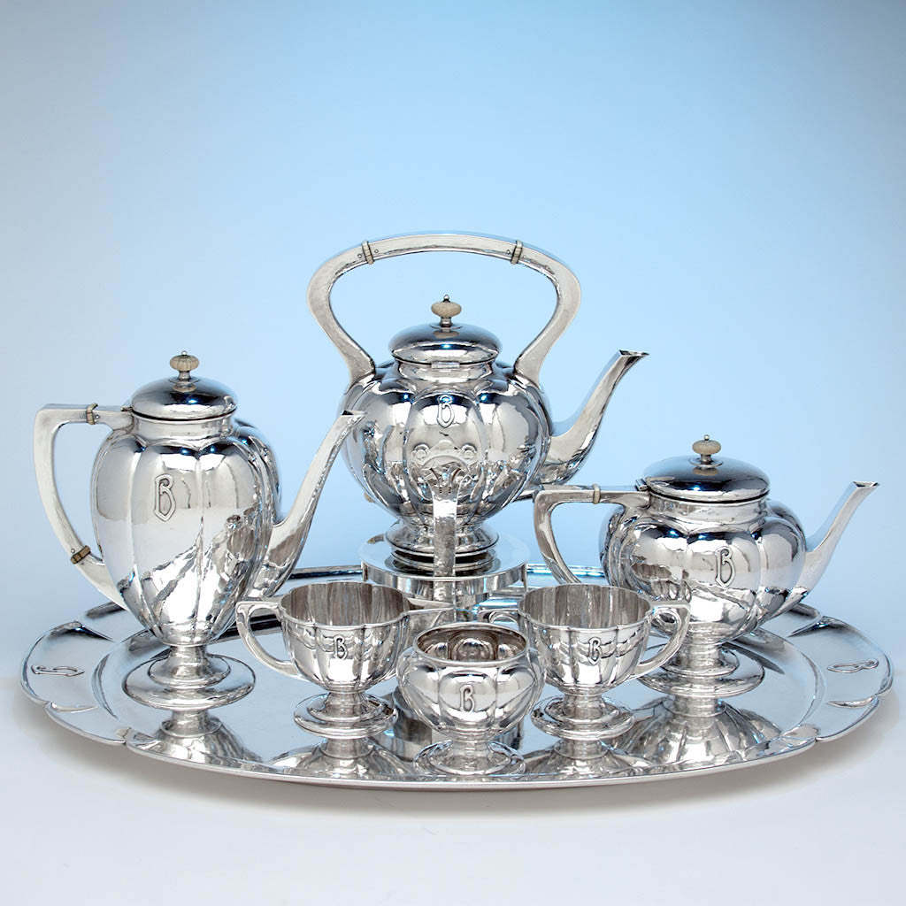 The Kalo Shop Hand Wrought Sterling Silver Arts & Crafts Seven Piece Coffee and Tea Service with Tray, Chicago, Illinois - c. 1916-17