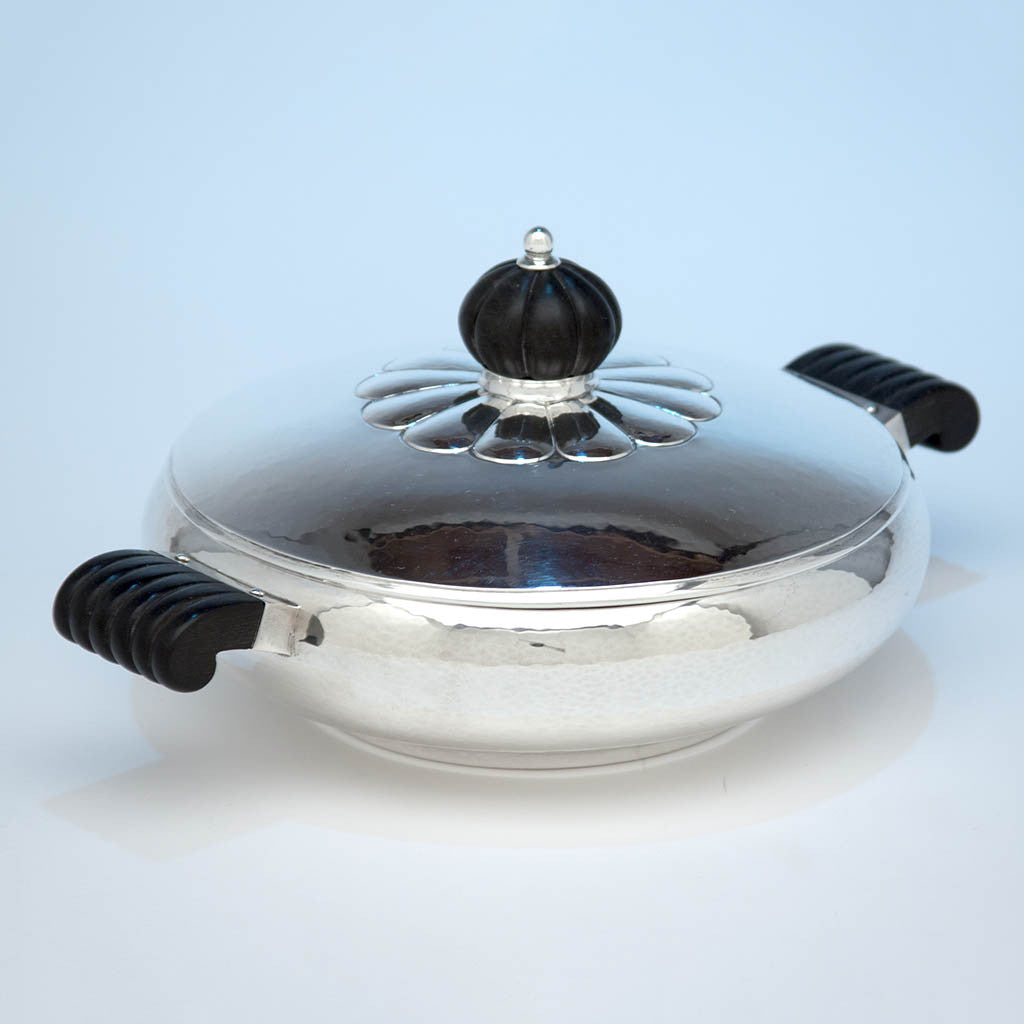 Angle of The Kalo Shop Hand Wrought Arts &amp; Crafts Sterling Silver Covered Server, Chicago, Illinois, c. 1920-50