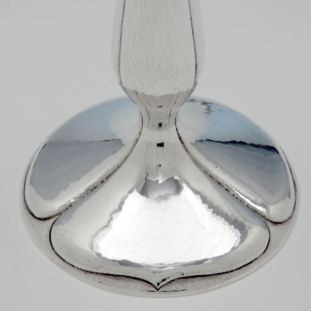 Base to Pair of Kalo Shop Sterling Silver Arts &amp; Crafts Decorated Tall Candlesticks, Chicago, Illinois - c. 1920&#39;s