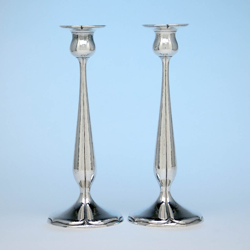Pair of Kalo Shop Sterling Silver Arts &amp; Crafts Decorated Tall Candlesticks, Chicago, Illinois - c. 1920&#39;s