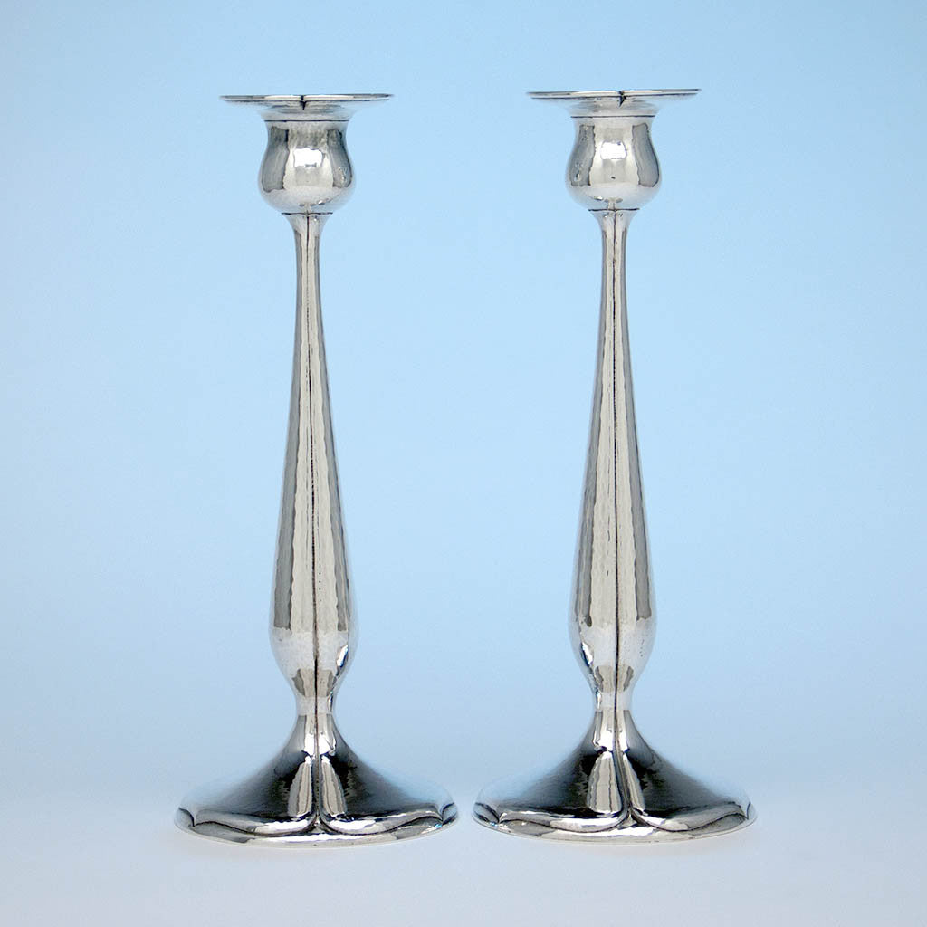 Pair of Kalo Shop Sterling Silver Arts & Crafts Decorated Tall Candlesticks, Chicago, Illinois - c. 1920's