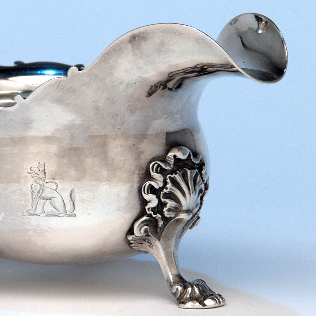 Crest on Peter Archambo II and Peter Meure George II Antique English Sterling Silver Sauce Boat, London,1748/49