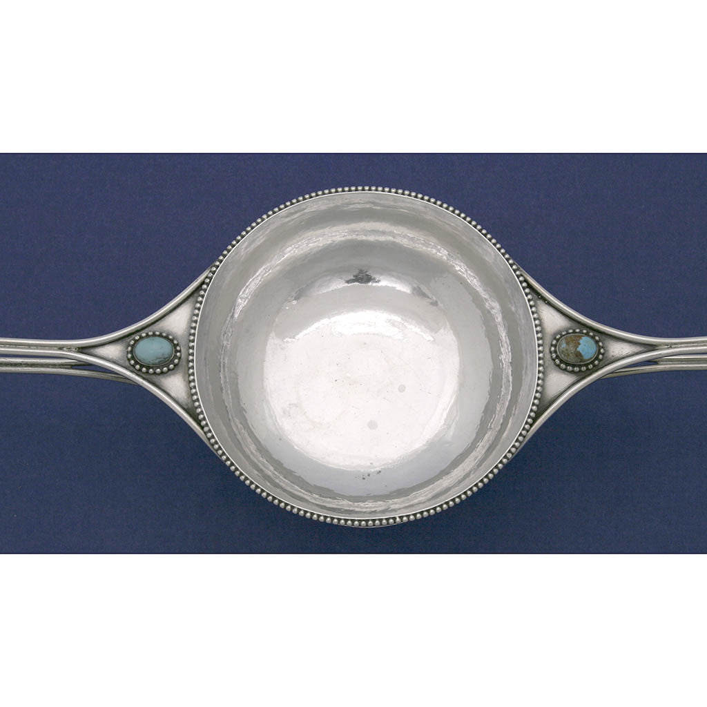 Interior of Marcus &amp; Co Sterling Silver and Turquoise 2-handled Condiment Dish, New York City, c. 1905