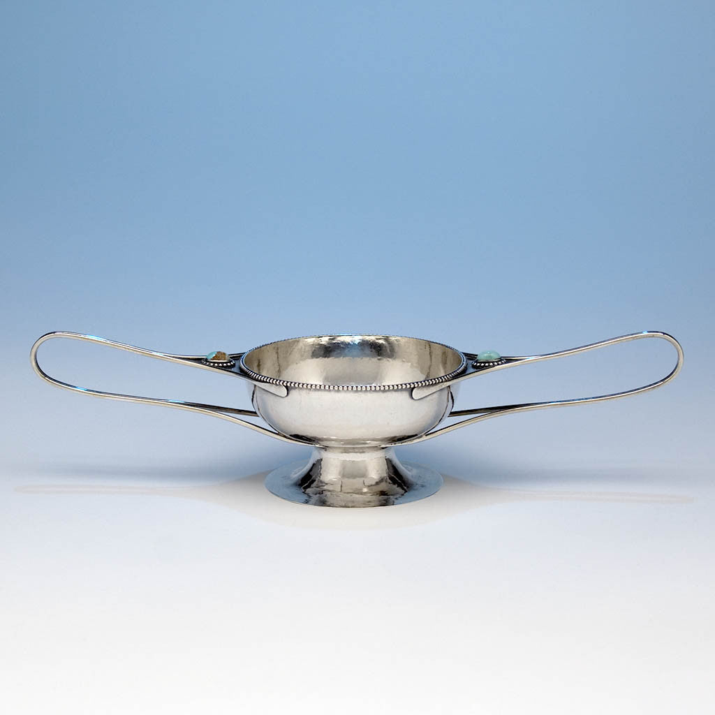 Side view of Marcus &amp; Co Sterling Silver and Turquoise 2-handled Condiment Dish, New York City, c. 1905