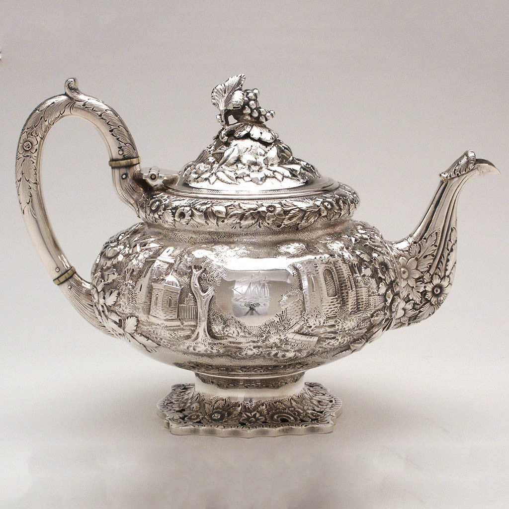 Crest on Peter L. Krider Antique Sterling Silver Tea Pot, Philadelphia, PA, c. 1870
