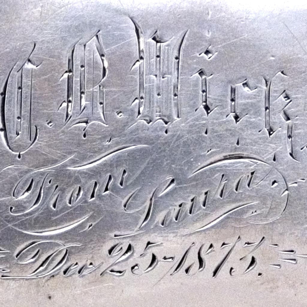 Inscription on Wood &amp; Hughes Coin Silver Figural Napkin Ring, New York City, c. 1873