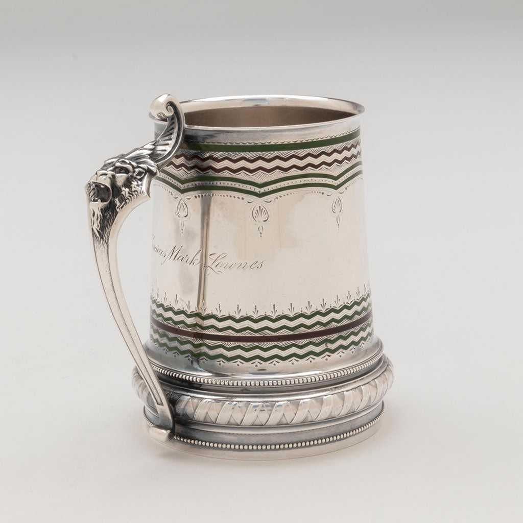 Angle view of the Gorham Antique Sterling Silver and Enamel Cup, Providence, RI, 1870
