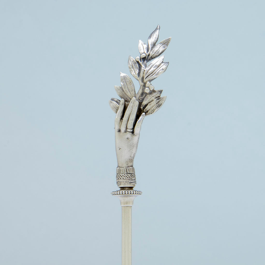 Hand detail of Gorham &#39;Olive Branch&#39; Pattern Antique Sterling Silver Waffle Server, Providence, RI, c. 1868