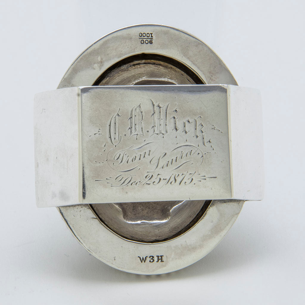 Back of Wood &amp; Hughes Antique Coin Silver Figural Napkin Ring, NYC, NY, c. 1873