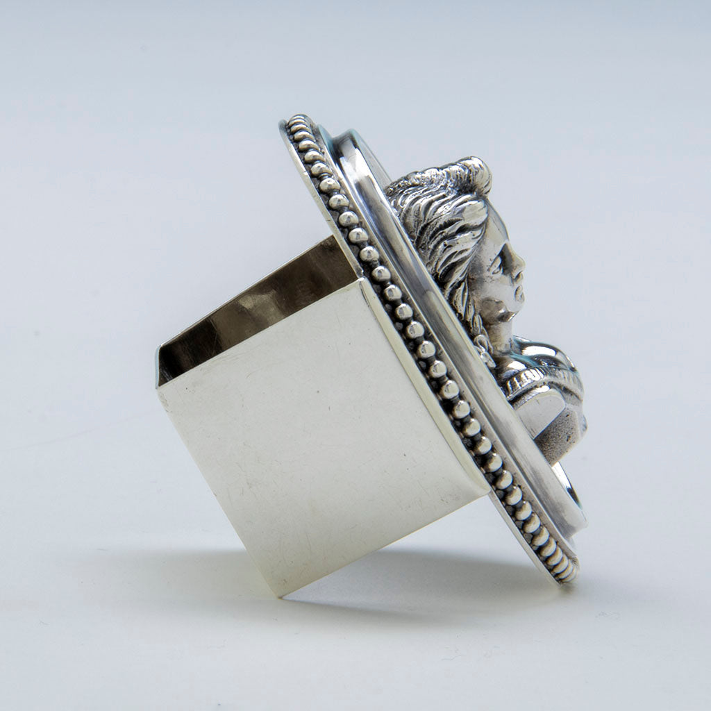 Profile of Wood &amp; Hughes Antique Coin Silver Figural Napkin Ring, NYC, NY, c. 1873