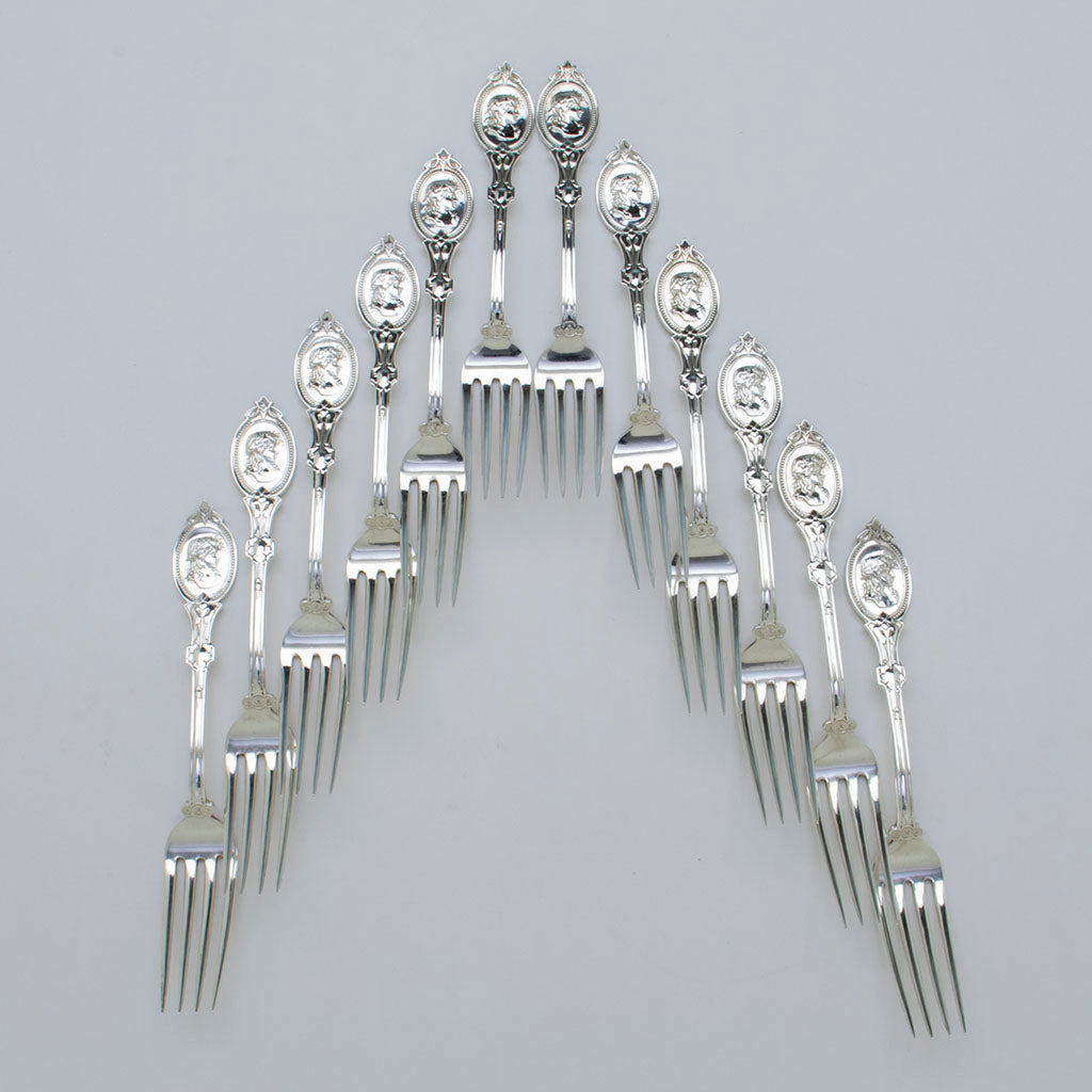 Hotchkiss & Schreuder 'Medallion' Antique Sterling and Coin Silver Forks, set of 12, Syracuse, NY c. 1873