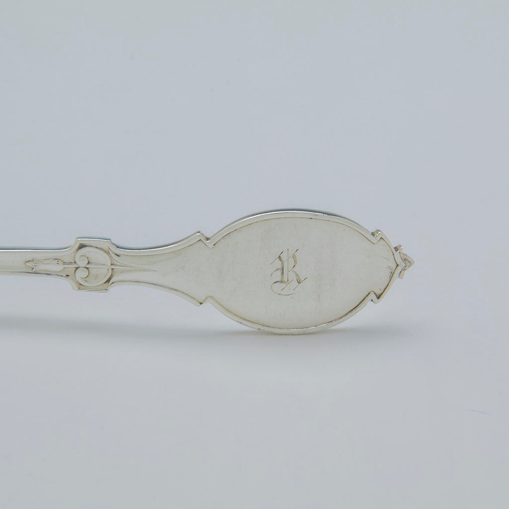 Monogram on Gorham &amp; Thurber  Coin Silver ‘Fiddle Thread’ Kidney Shaped Server, Providence, RI, c. 1850-52
