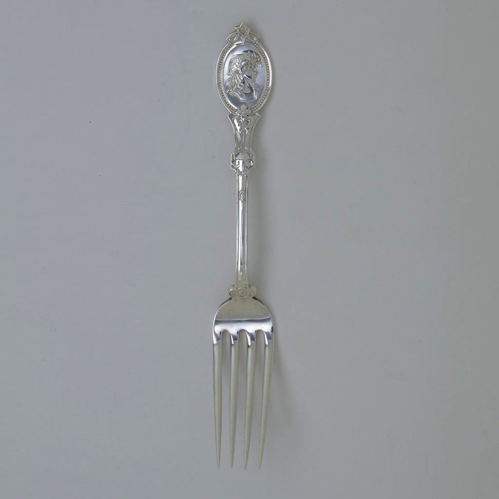 Single example of Hotchkiss &amp; Schreuder &#39;Medallion&#39; Antique Sterling and Coin Silver Forks, set of 12, Syracuse, NY c. 1873