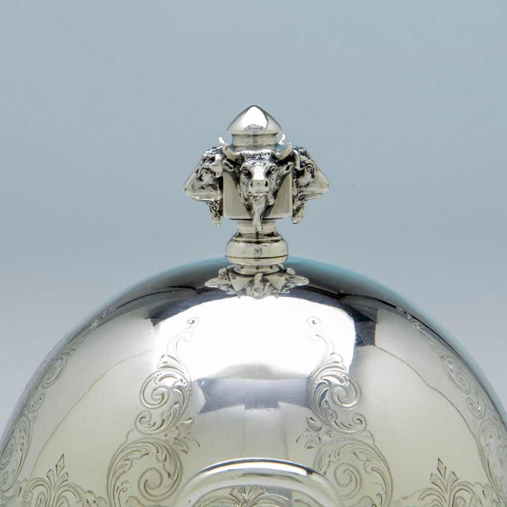Bull on Gorham &#39;Medallion&#39; Antique Coin Silver Covered Butter Dish, Providence, RI, c. 1865