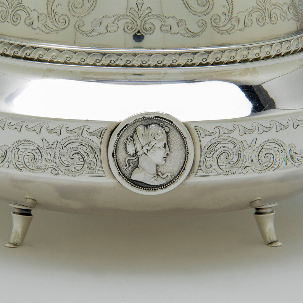 Femaile medallion on Gorham &#39;Medallion&#39; Antique Coin Silver Covered Butter Dish, Providence, RI, c. 1865