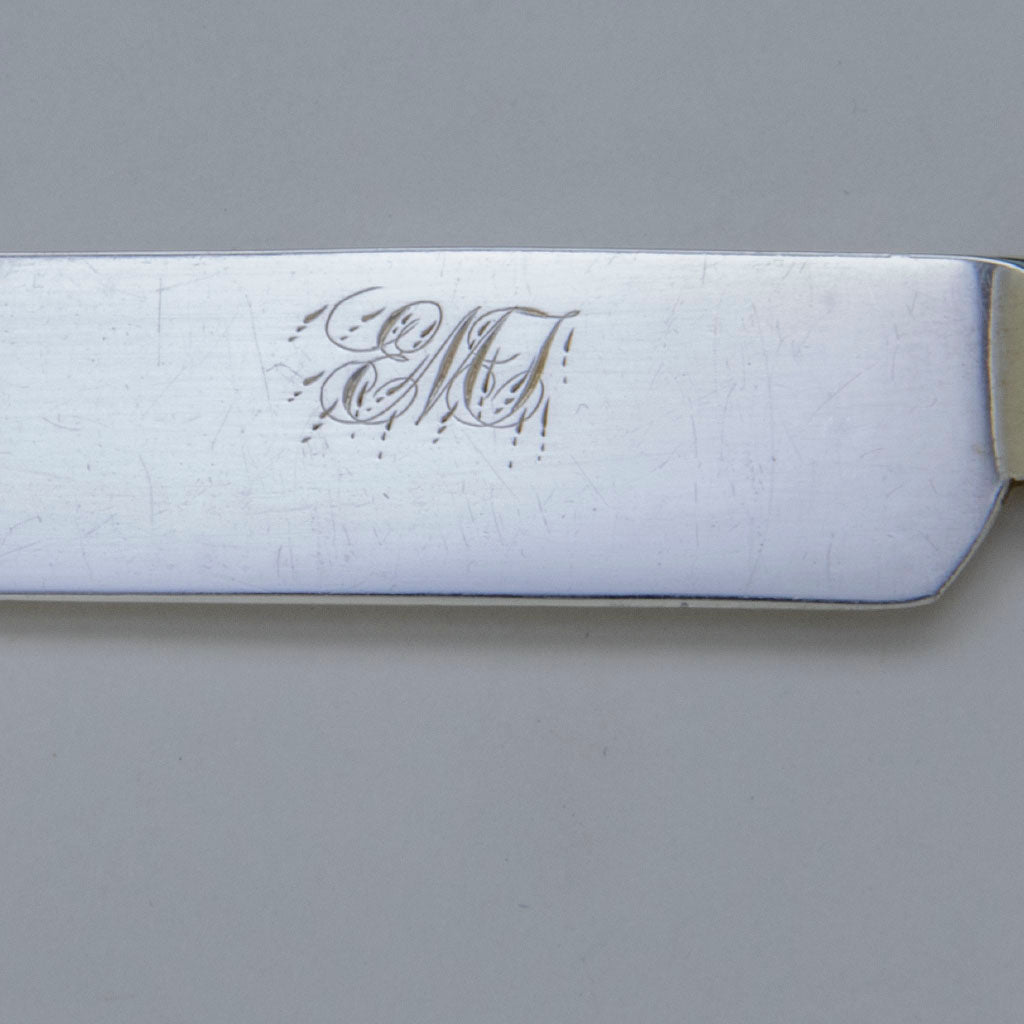 Monogram on Bailey &amp; Kitchen Antique Coin Silver and Mother-of-Pearl Knives, set of 12, Philadelphia, PA, c. 1846