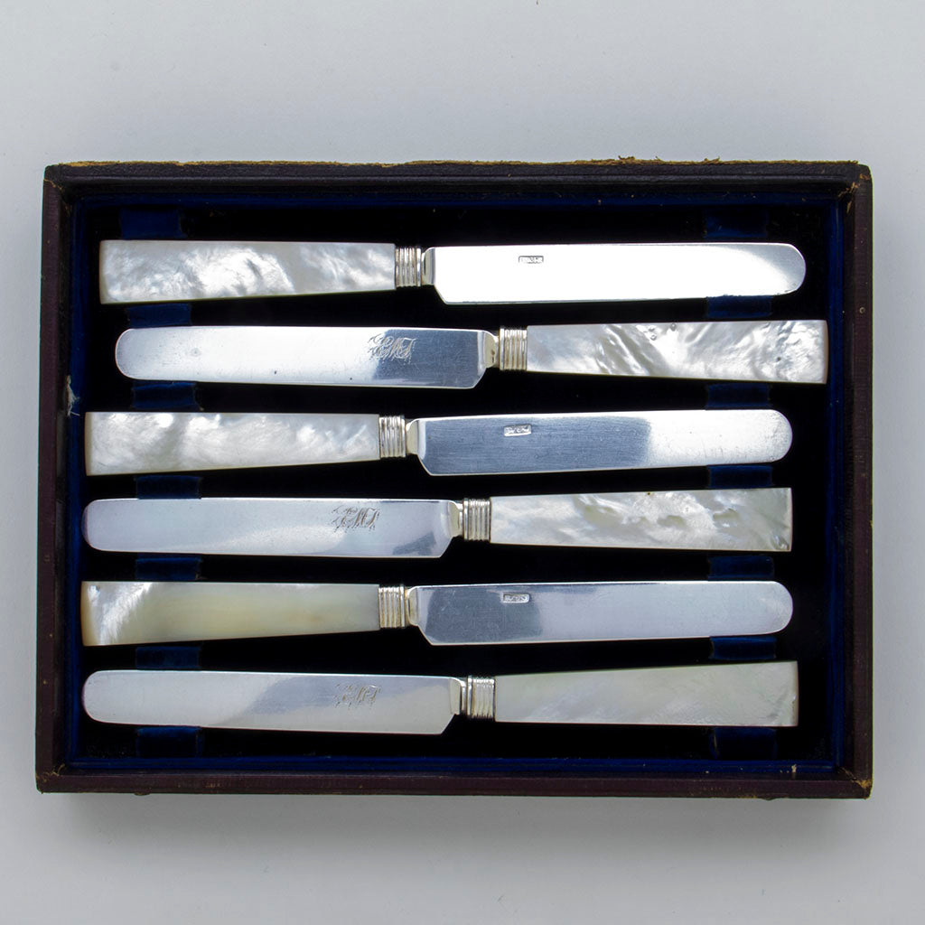 Bottom rack of Bailey &amp; Kitchen Antique Coin Silver and Mother-of-Pearl Knives, set of 12, Philadelphia, PA, c. 1846