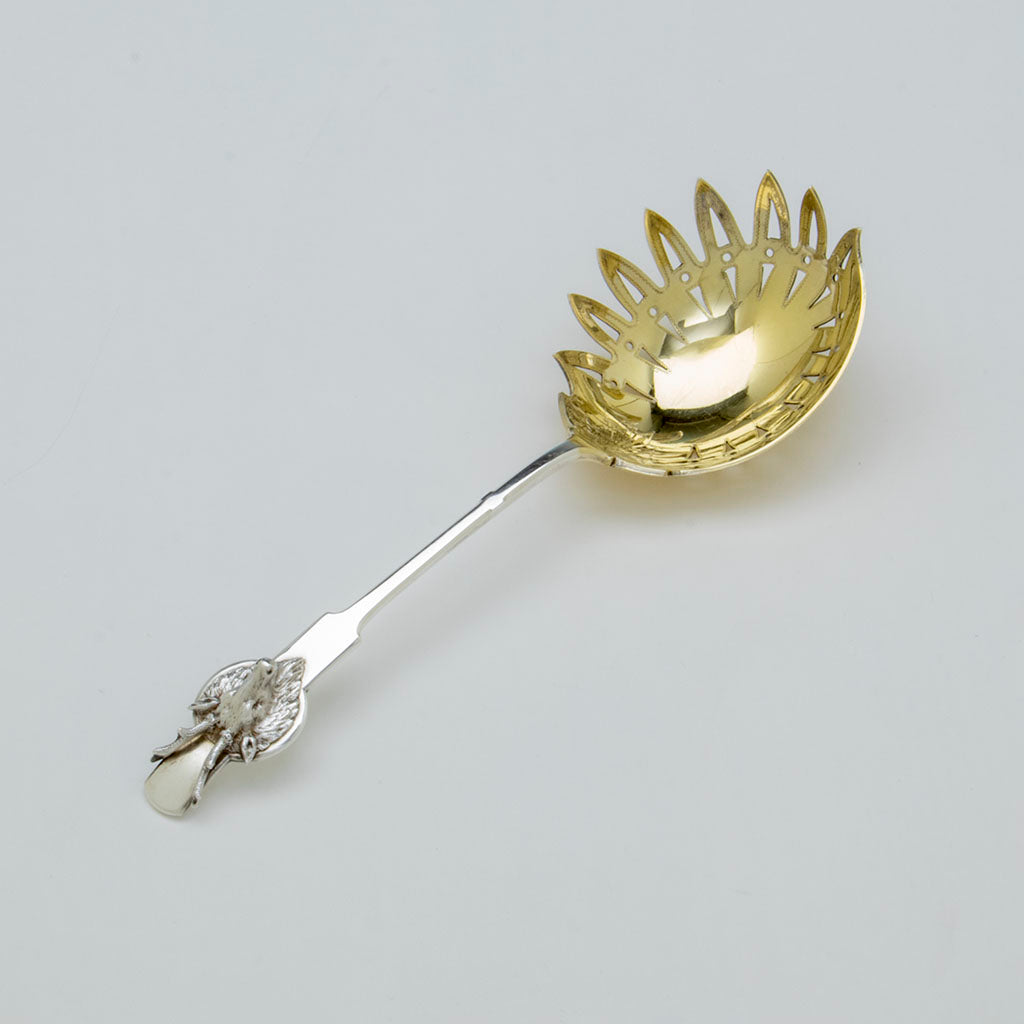 Bowl detail of Gorham 'Saxon Stag' Coin Silver Macaroni Server, Providence, RI, c. 1855-67