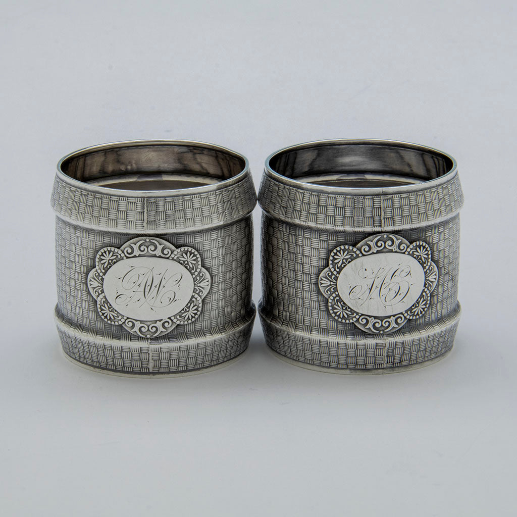 Pair of Wood & Hughes Basket-weave Sterling Silver Napkin Rings, NYC, NY, c. 1870