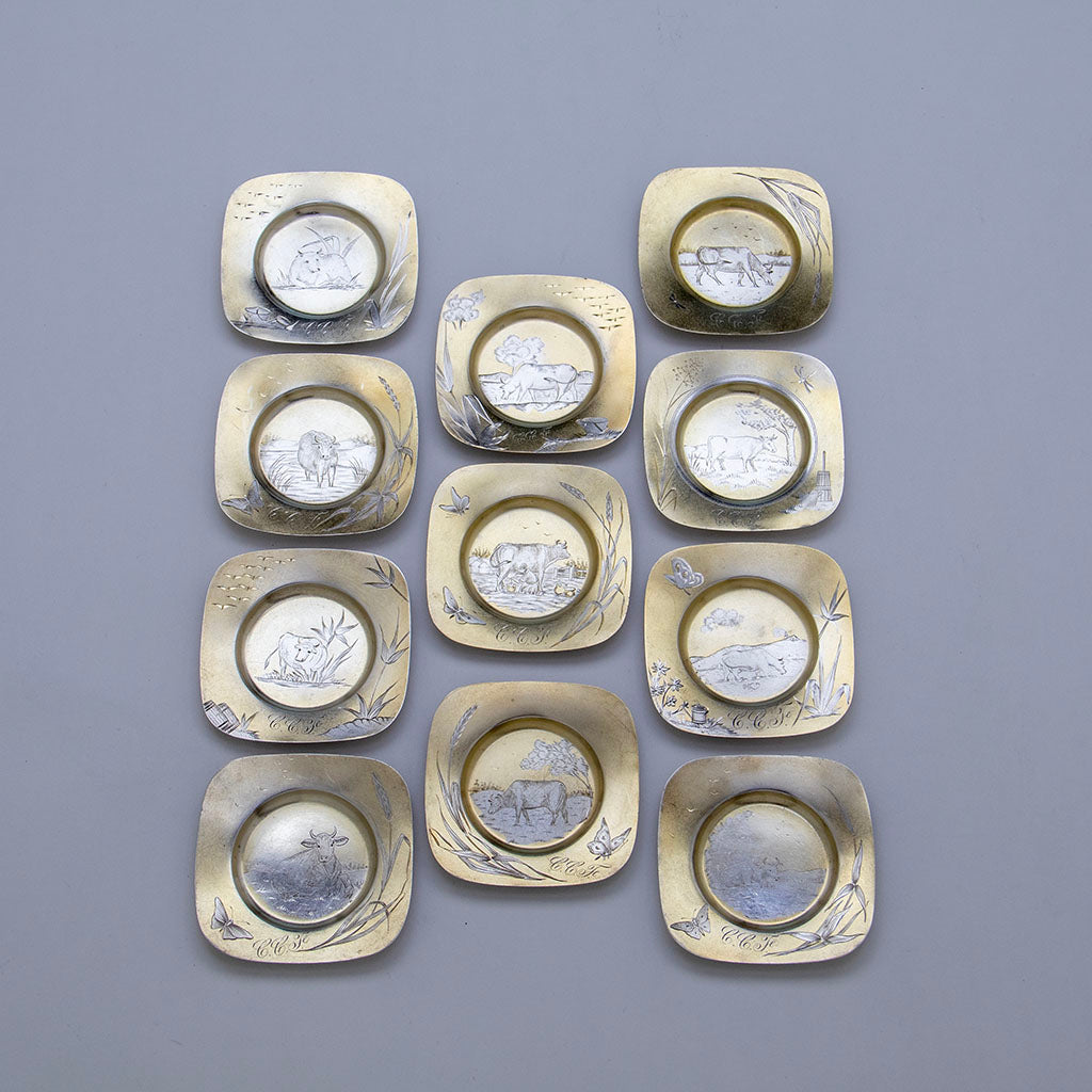 Gorham Antique Sterling 'Cow' Butter Pats - 11, Providence, RI, 1881, 1882