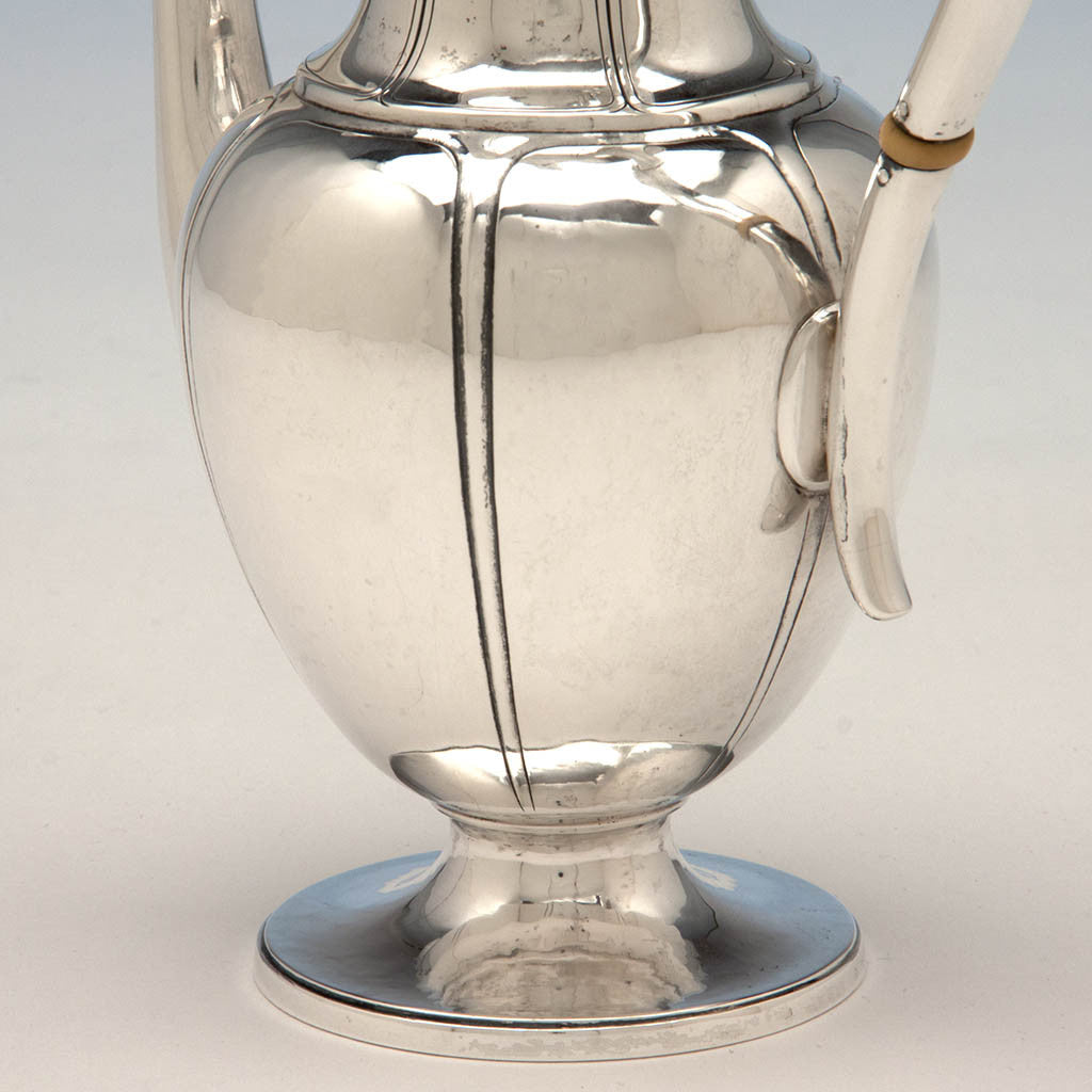 Body of Arthur Stone Sterling Silver and Ivory Hand Wrought Arts &amp; Crafts After-Dinner Coffee Pot, c. 1920