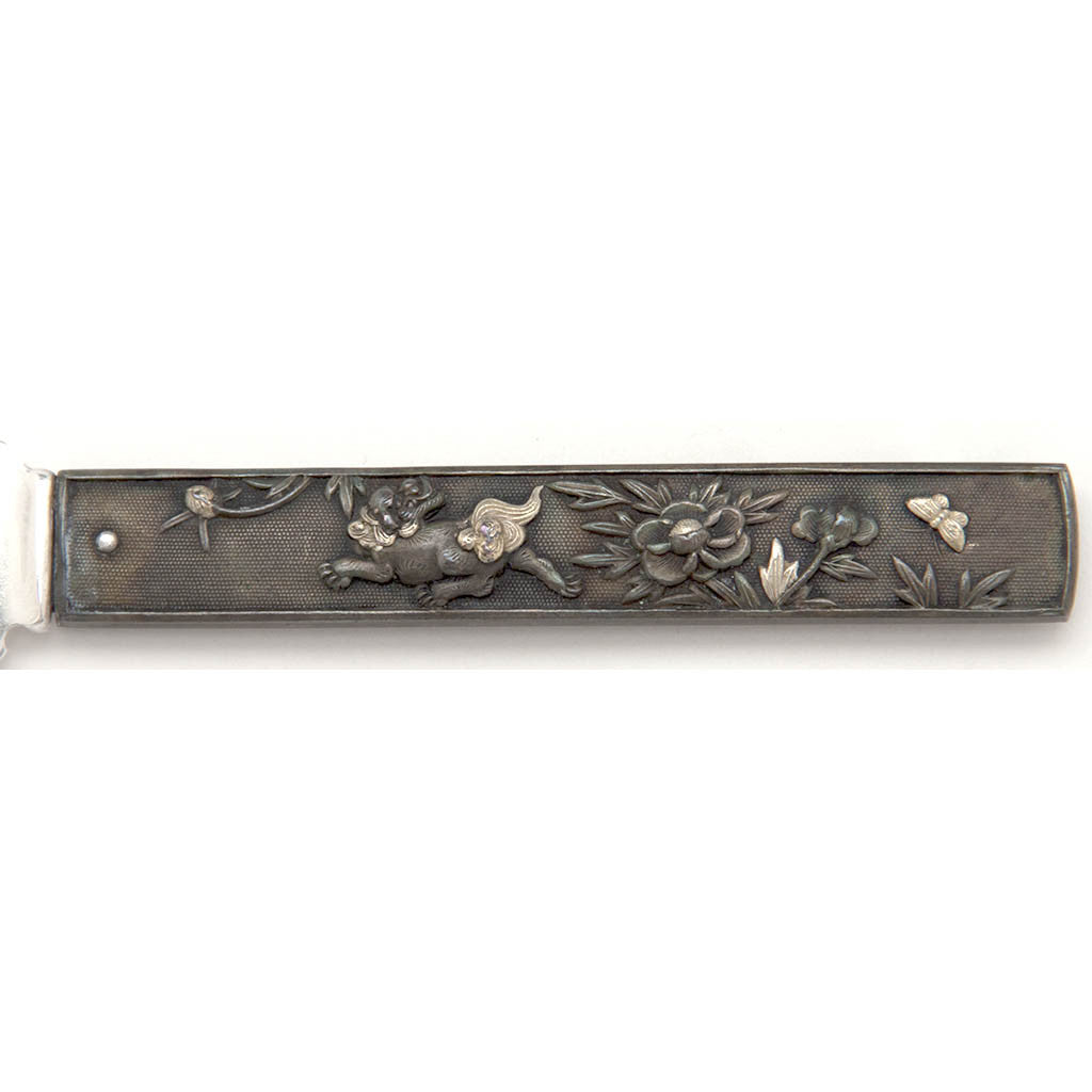 Foo dog on Gorham Antique Mixed Metal Japanese Design Fruit Knives, set of 6, Providence, RI, c. 1880