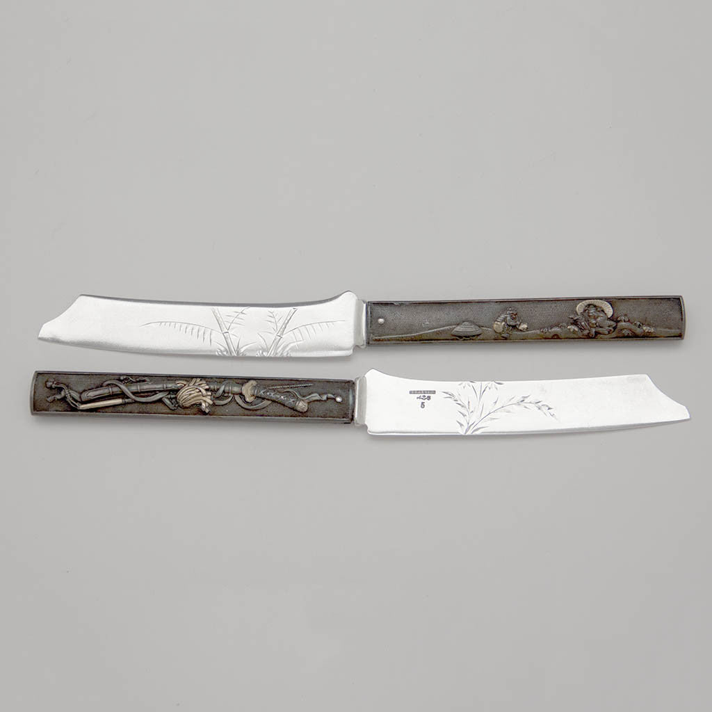 Two of Gorham Antique Mixed Metal Japanese Design Fruit Knives, set of 6, Providence, RI, c. 1880