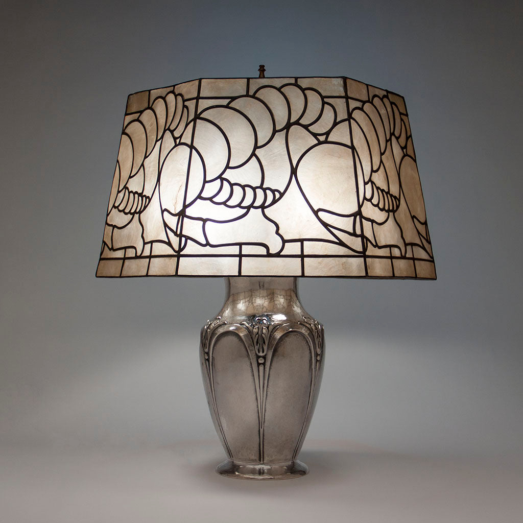 Lit Clemens Friedell Arts &amp; Crafts Sterling Silver and Oyster Shell Lamp, Pasadena, CA, c. 1920