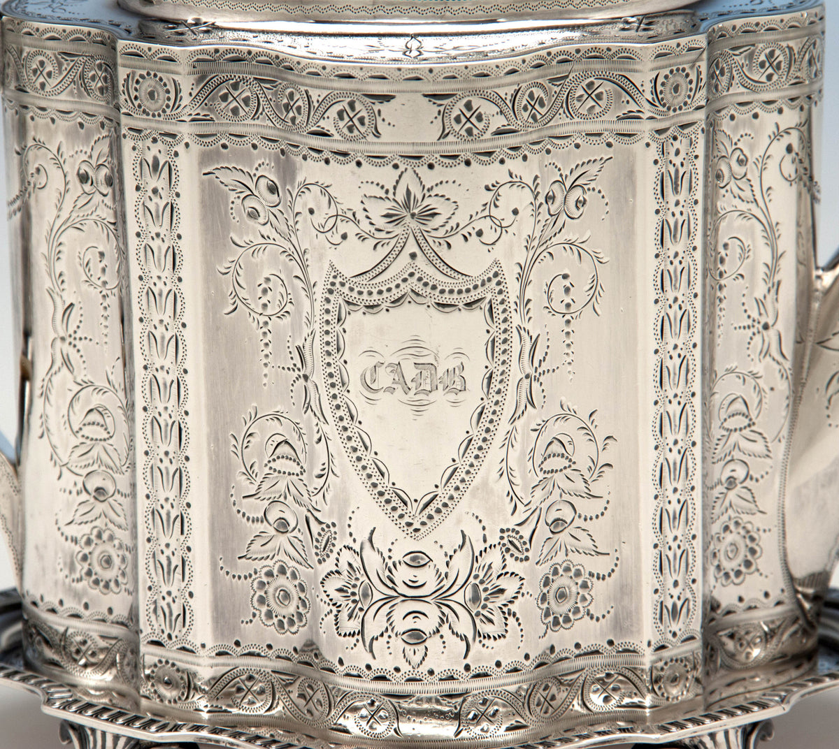 Tea Caddy detail to Gale &amp; Willis Antique Sterling Silver Coffee and Tea Service, New York City, 1859