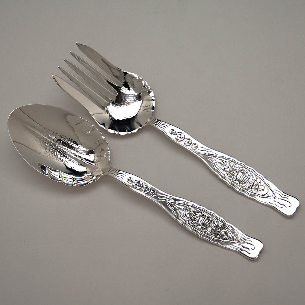 Whiting Aesthetic Movement 'Dandelion' Antique Sterling Silver Salad Set, New York City, c. 1880's 