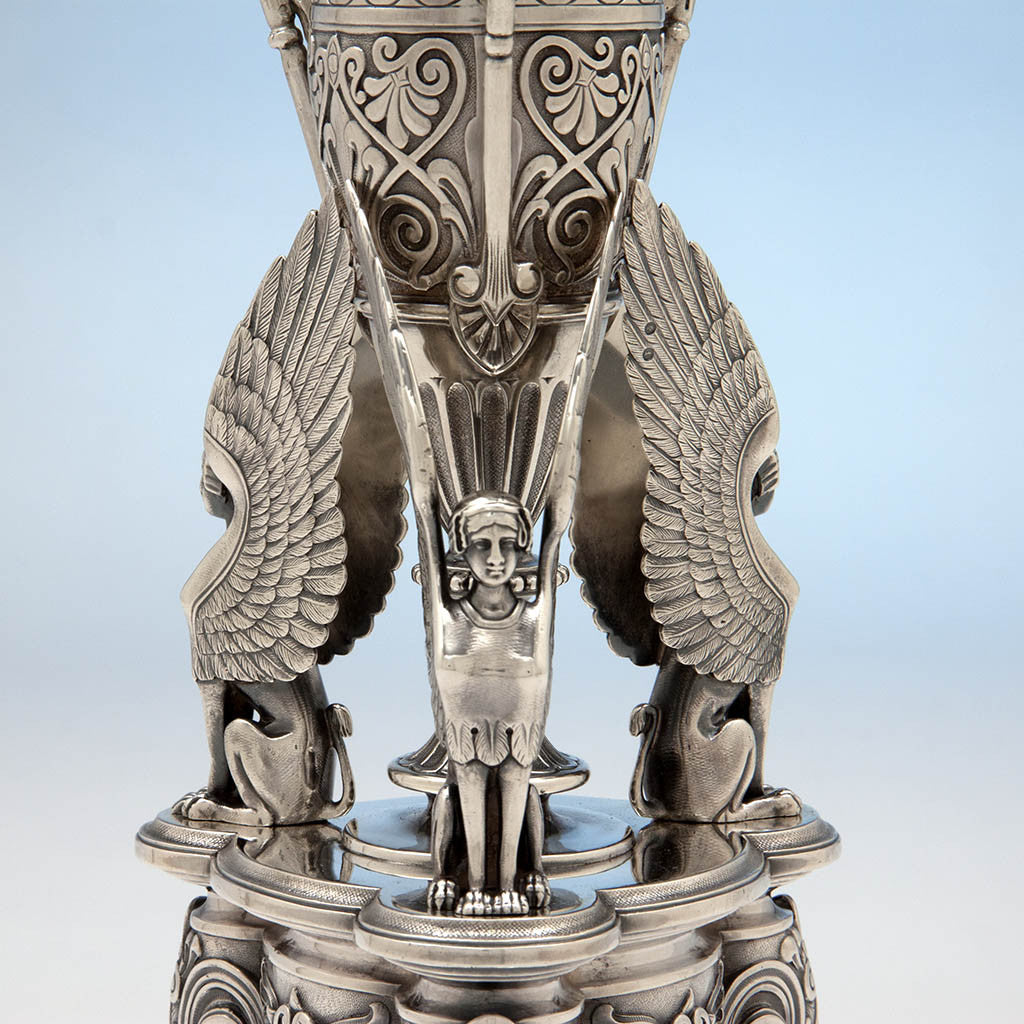 Sphinxes on Victorian Sterling Silver Egyptian Revival Garniture Suite by Frederick Elkington, Birmingham, 1885/86