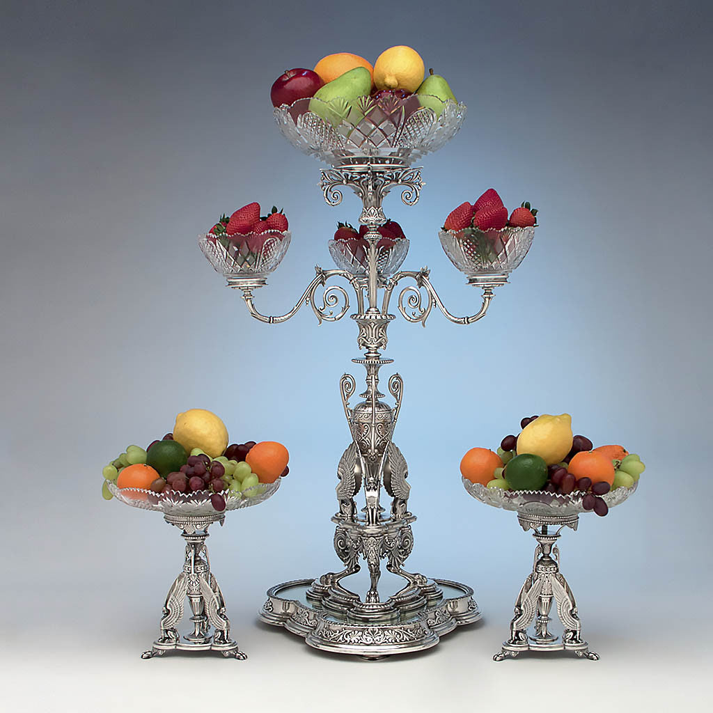 Fruit adorned Victorian Sterling Silver Egyptian Revival Garniture Suite by Frederick Elkington, Birmingham, 1885/86