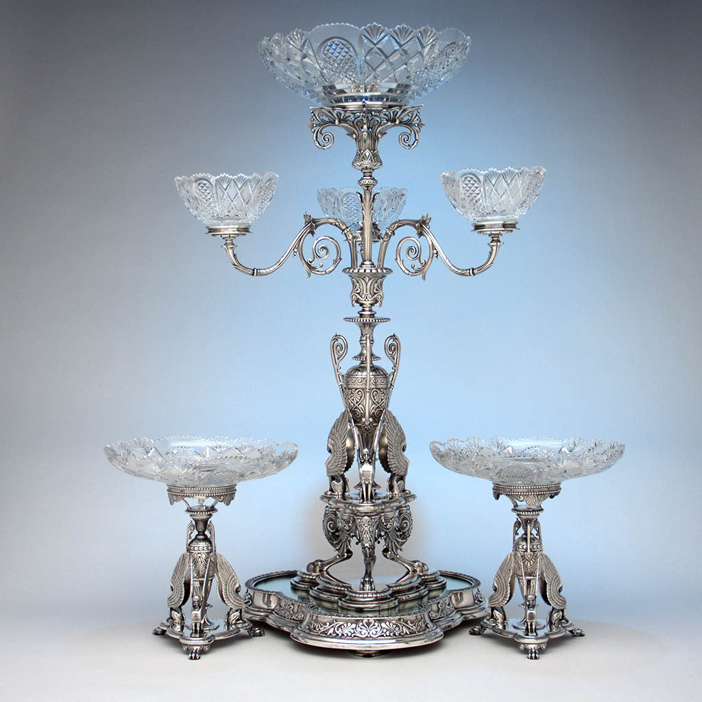 Victorian Sterling Silver Egyptian Revival Garniture Suite by Frederick Elkington, Birmingham, 1885/86