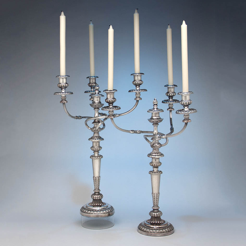 Candles in Pair of Matthew Boulton Antique Sheffield Plate 4-light Candelabra, Birmingham, England, c. 1810