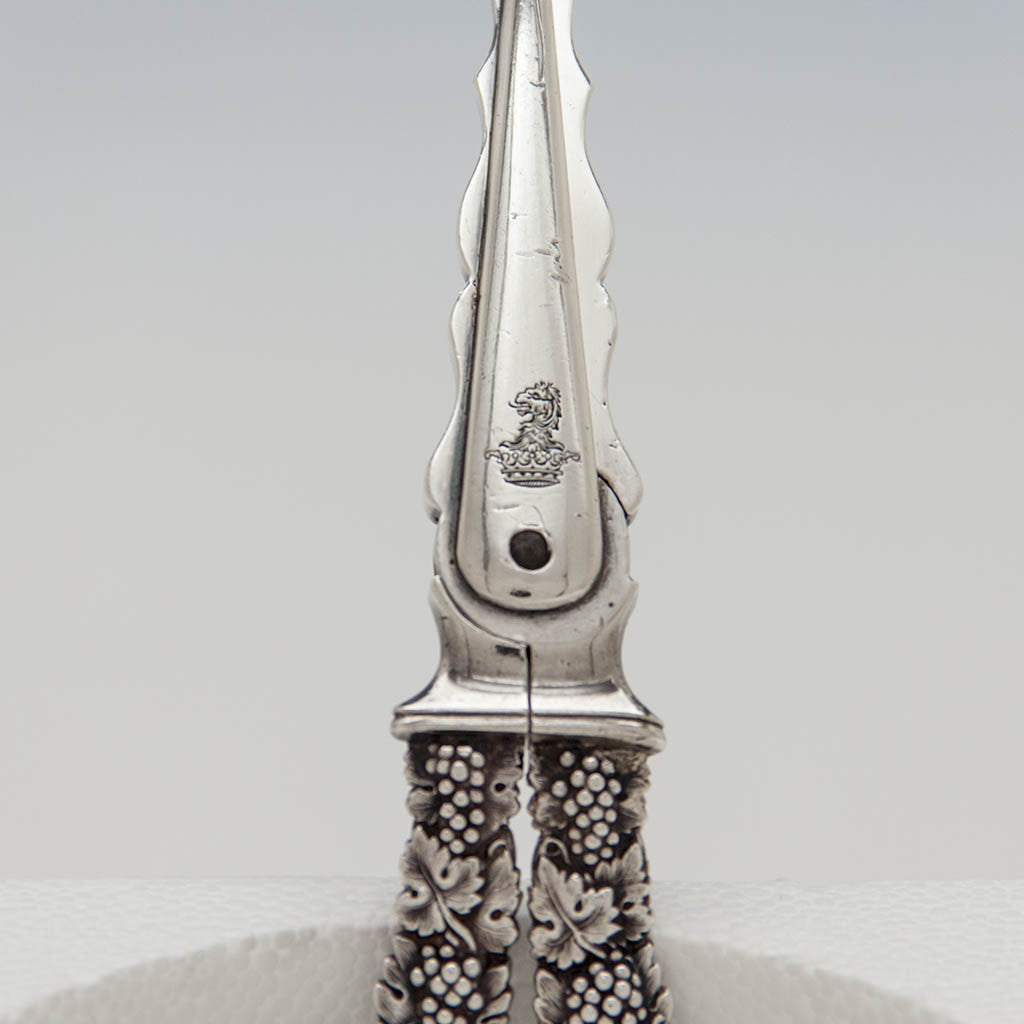Crest on George IV Antique Sterling Silver Grape Shears by John Reily, London, 1823/24