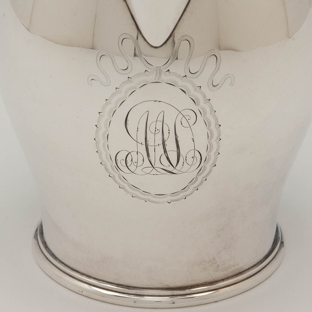 Monogram on Lewis E. Jenks Antique Sterling Silver Pitcher, Boston, c. 1875