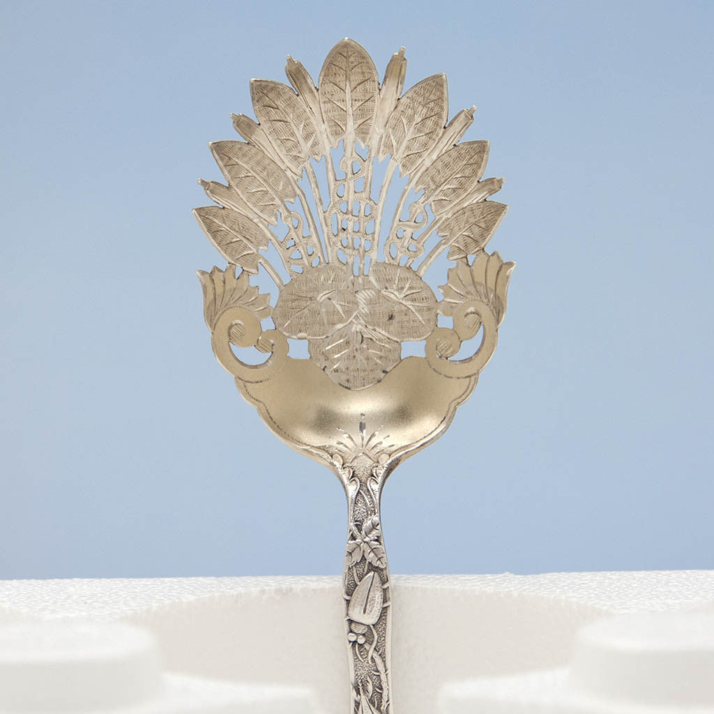 Bowl to Knowles &#39;Rose&#39; Pattern Antique Sterling Silver Macaroni Server, Providence, RI, c.1890