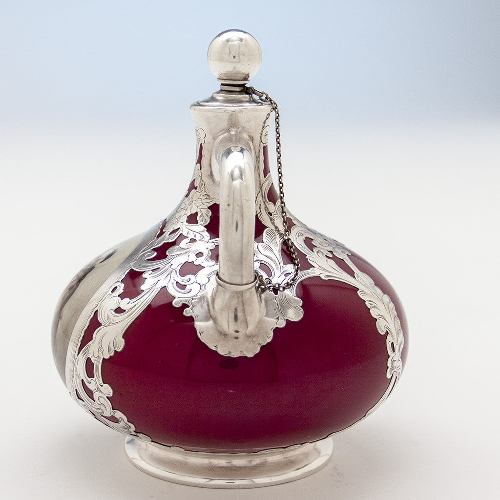 Back of Gorham Antique Silver Overlay Porcelain Whiskey Jug, Providence, RI, c. 1896