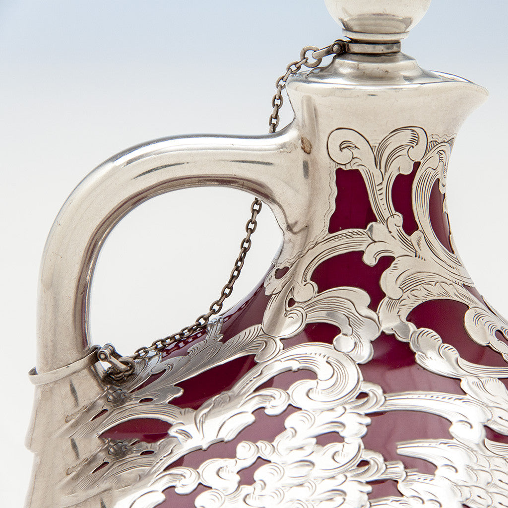 Handle to Gorham Antique Silver Overlay Porcelain Whiskey Jug, Providence, RI, c. 1896