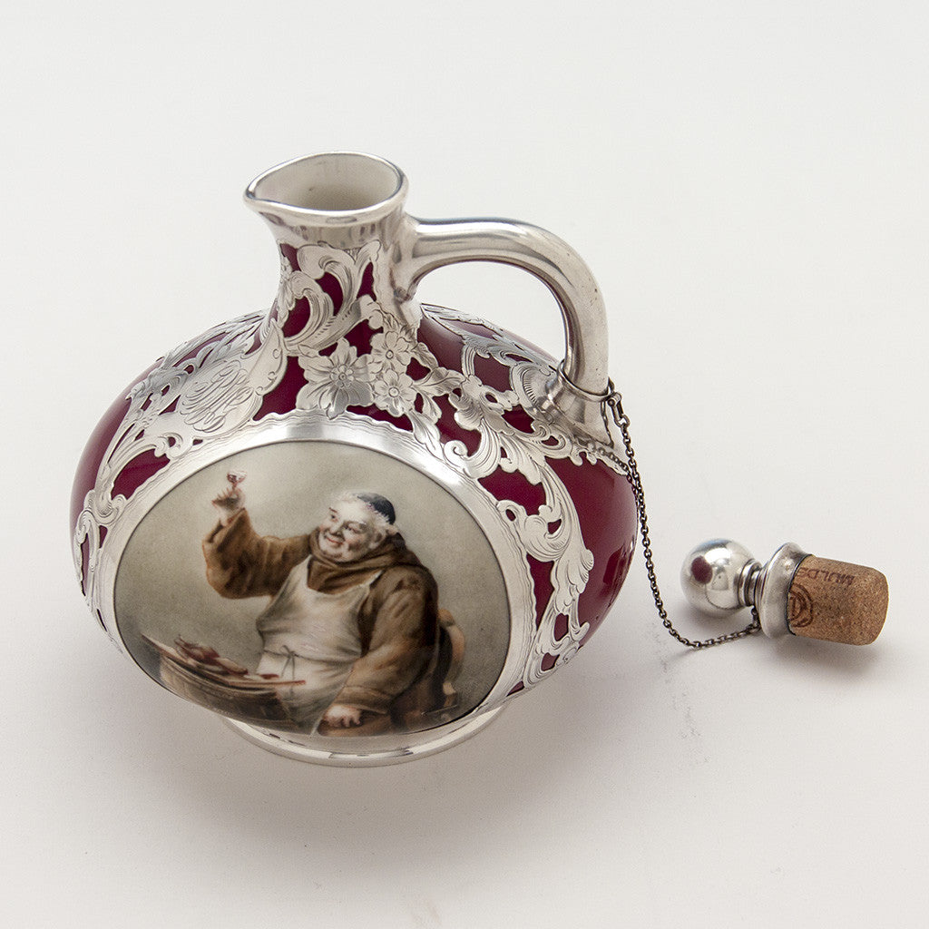 Stopper to Gorham Antique Silver Overlay Porcelain Whiskey Jug, Providence, RI, c. 1896
