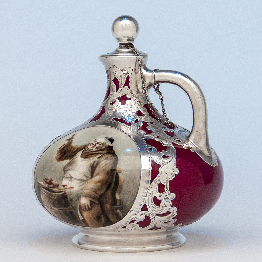 Gorham Antique Silver Overlay Porcelain Whiskey Jug, Providence, RI, c. 1896