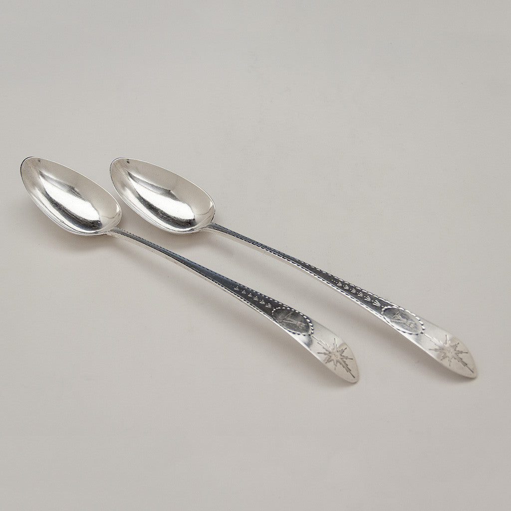 Pair of Irish Antique Sterling Silver Platter Spoons, John Shiels, Dublin, 1790