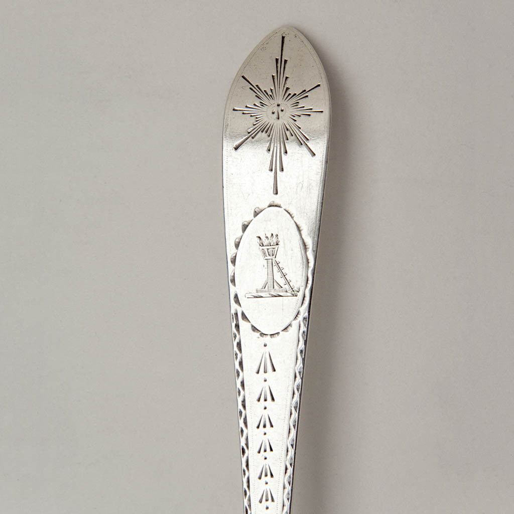 Crest on Pair of Irish Antique Sterling Silver Platter Spoons, John Shiels, Dublin, 1790