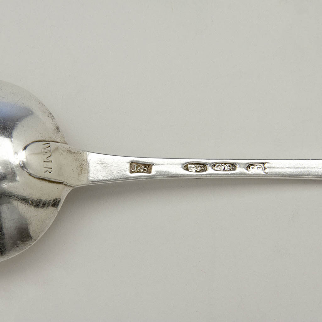 Marks on Pair of Irish Antique Sterling Silver Platter Spoons, John Shiels, Dublin, 1790