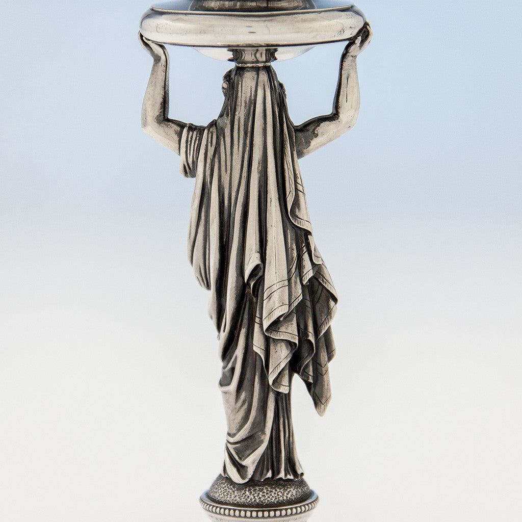 Back of figure to Gorham Antique Sterling Silver Figural Centerpiece Bowl or Fruit Stand, Providence, RI, 1868, retailed by Tiffany &amp; Company