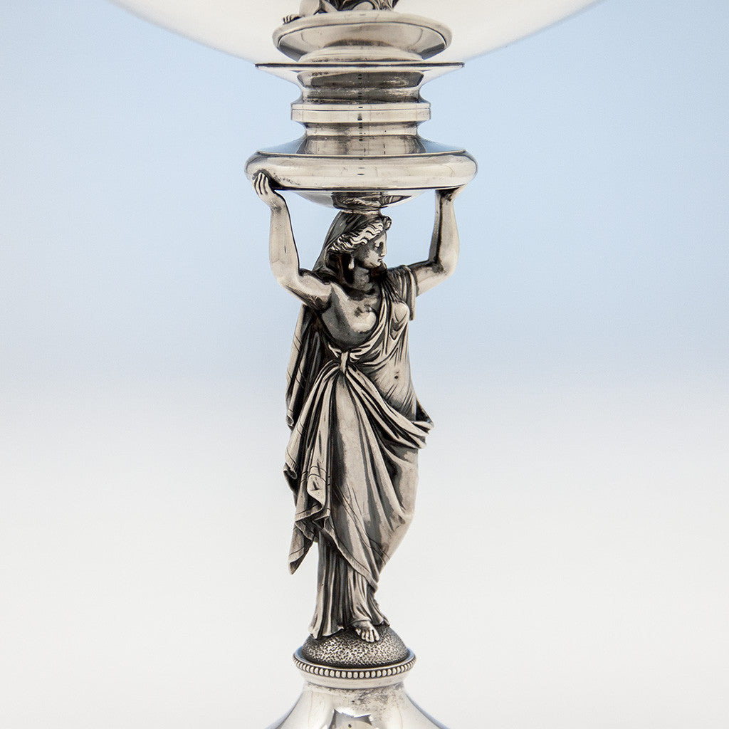 Figural stem of Gorham Antique Sterling Silver Figural Centerpiece Bowl or Fruit Stand, Providence, RI, 1868, retailed by Tiffany &amp; Company