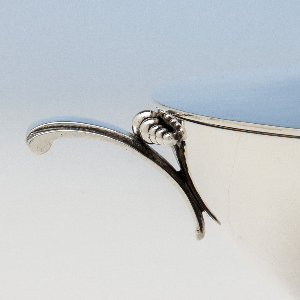 Side handles of Tuttle Silversmiths Sterling Silver Modernist Covered Bowl, Boston, 1938