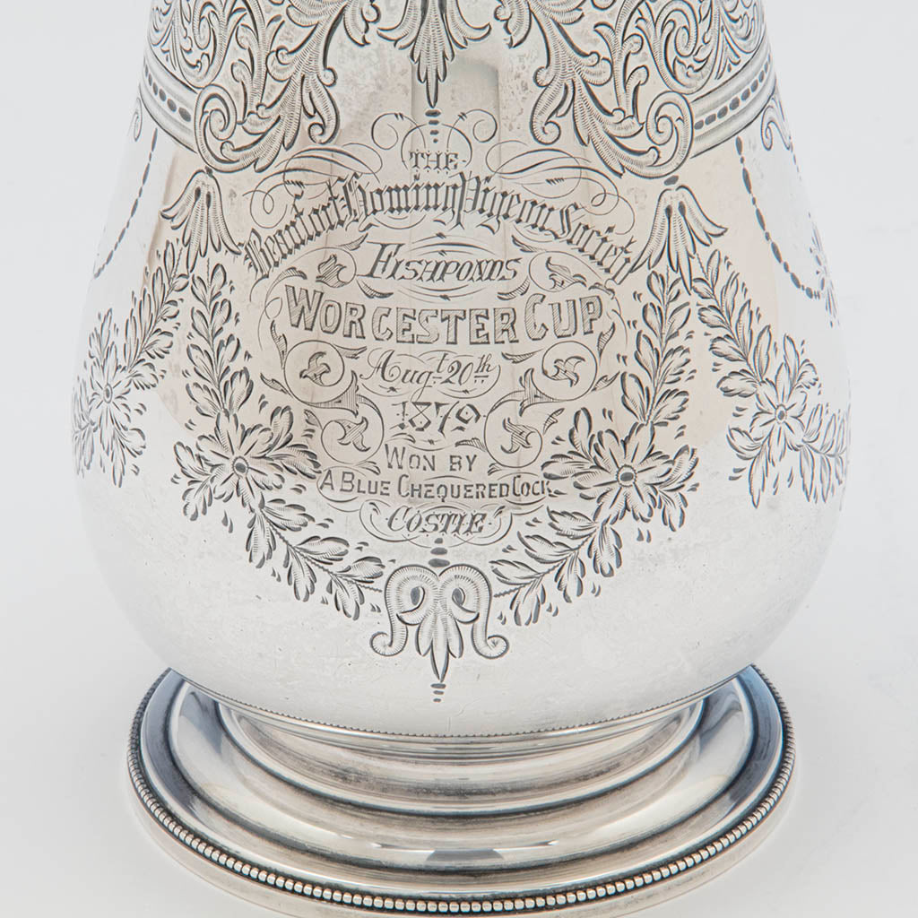 Inscription on Josiah Williams and Co English Sterling Homing Pigeon Trophy, Exeter, 1879/80