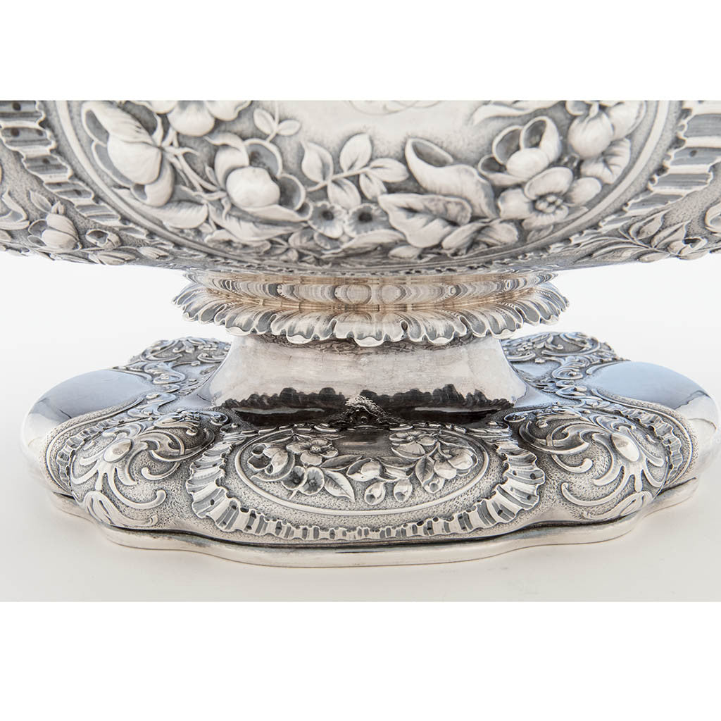 View of foot on Gorham Antique Sterling Silver Massive Punch Bowl, Providence, RI, 1886