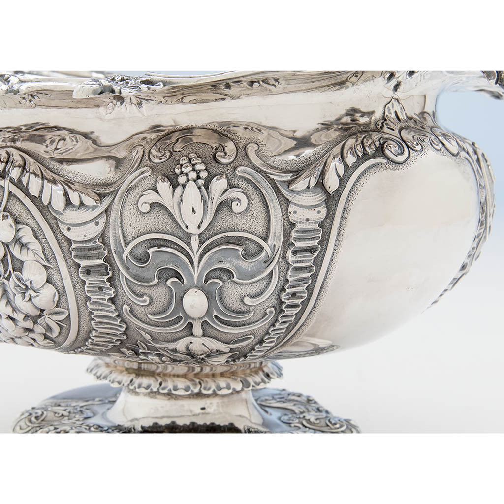 Repousse detail on the Gorham Antique Sterling Silver Massive Punch Bowl, Providence, RI, 1886